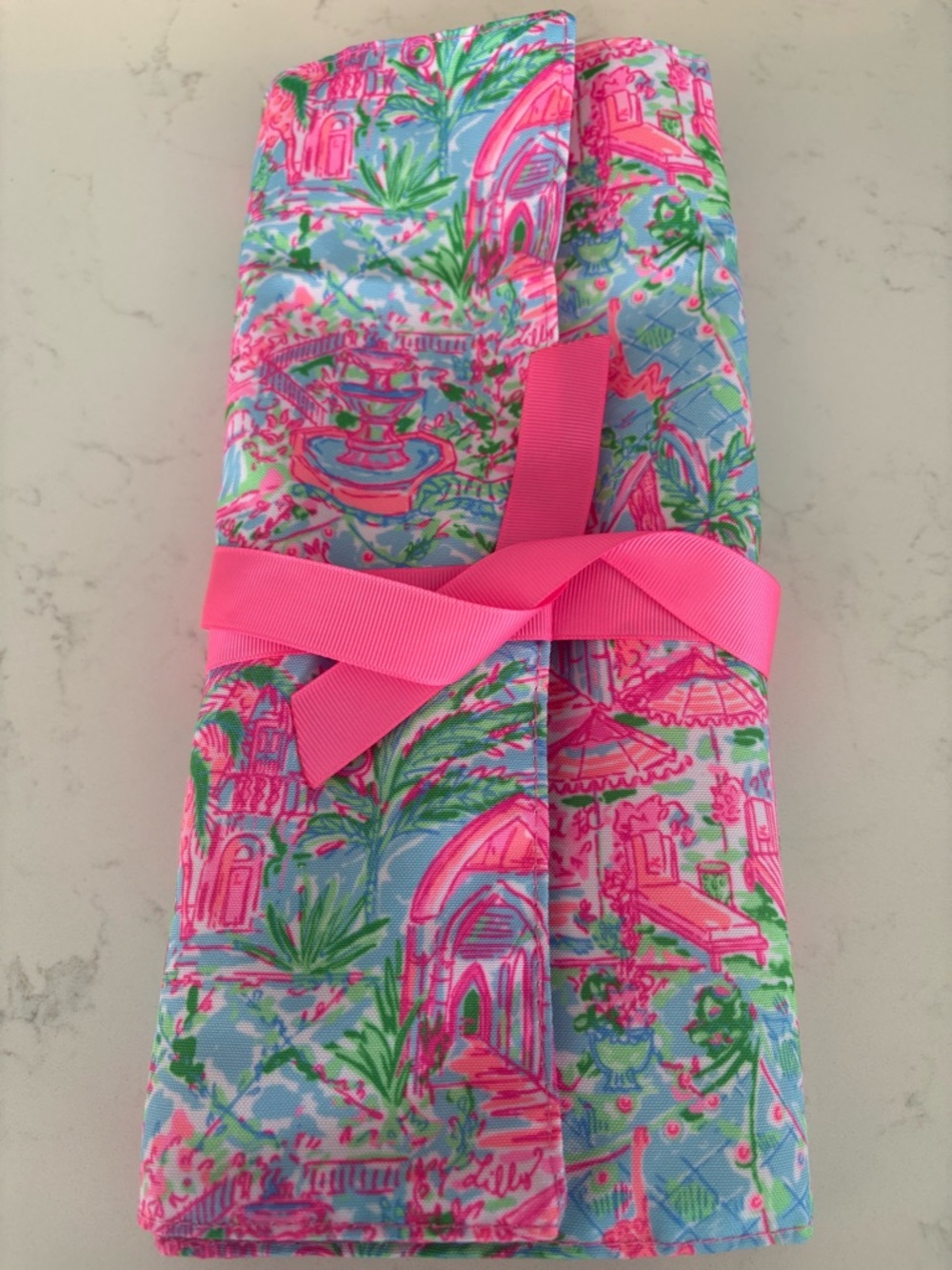 Lilly Pulitzer Pink Multi Printed Cosmetic Roll with Ribbon
